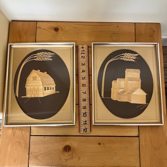 Prairie Grain Elevator & Barn Wheat Weaving Framed 2 Folk Art Alberta Canada - Picture 2 of 7